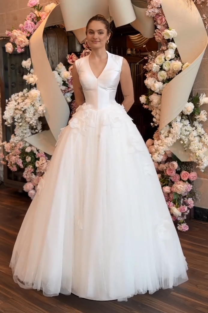 V-Neck Satin and Tulle Ball Gown Wedding Dress