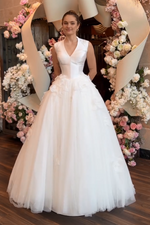 V-Neck Satin and Tulle Ball Gown Wedding Dress