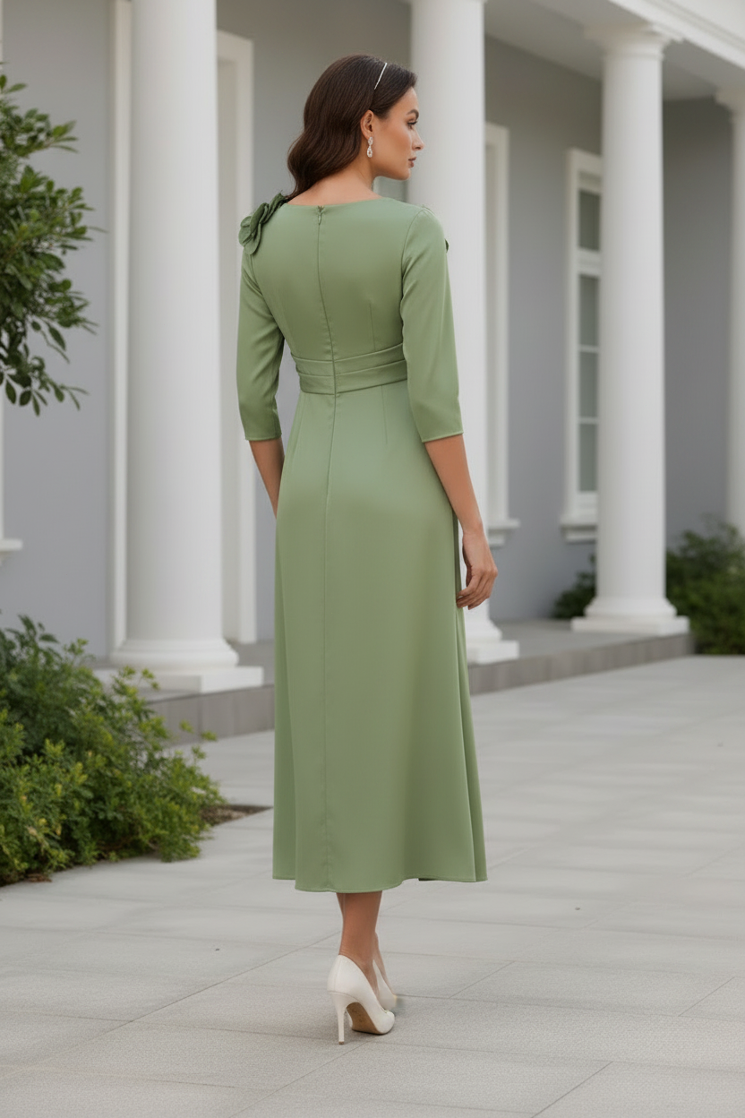 Satin 3/4 Sleeve Ruched Midi Dress with 3D Flowers