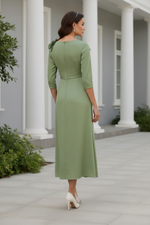 Satin 3/4 Sleeve Ruched Midi Dress with 3D Flowers