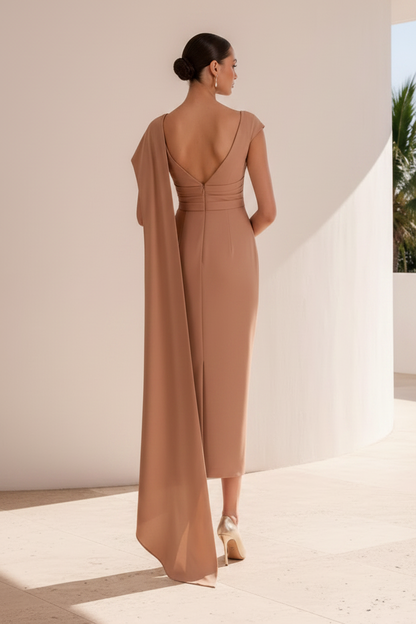 Ruched Asymmetrical Midi Dress with 3D Flowers