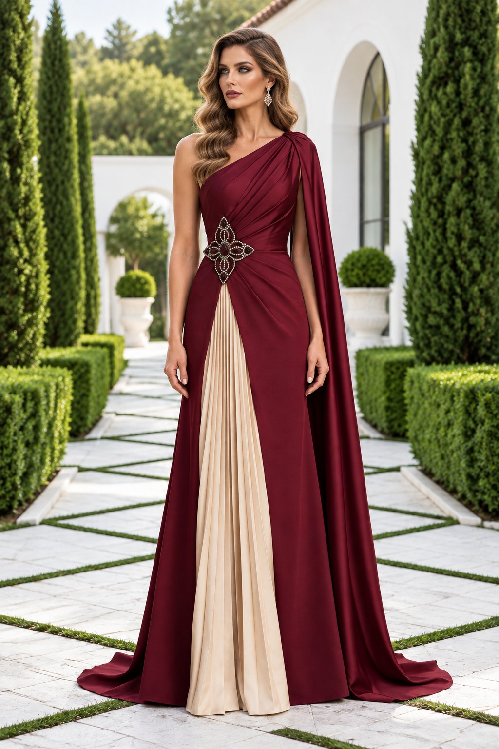 One-Shoulder Cape Evening Gown with Pleated Insert