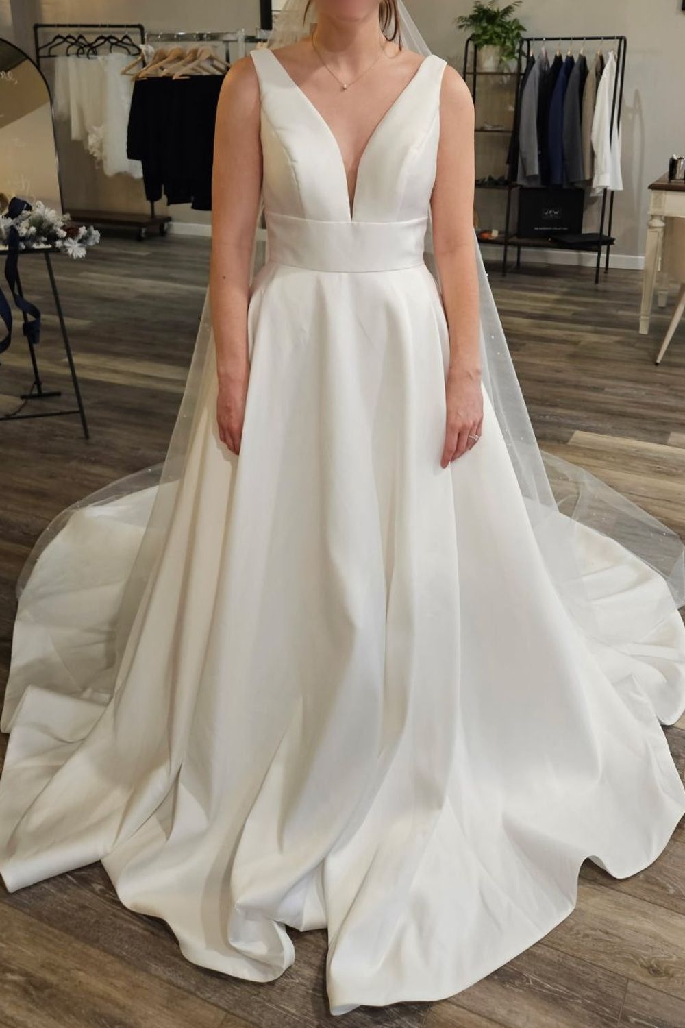 Plunging V-Neck Satin A-Line Wedding Dress