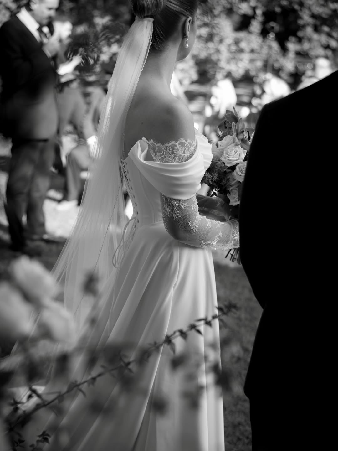 Off-the-Shoulder Lace Sleeve Corset Wedding Dress