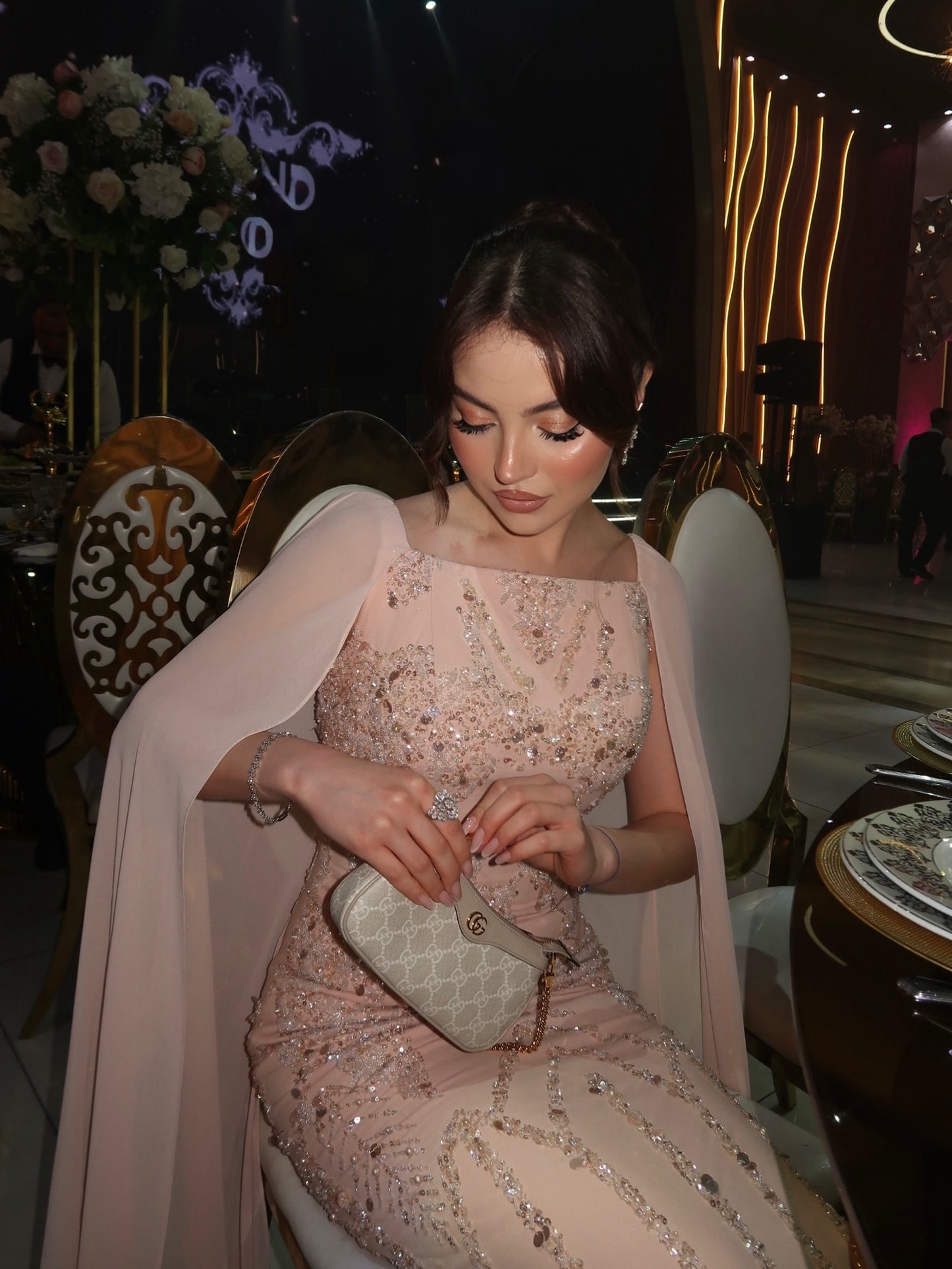 Beaded Cape Column Gown with Feather Hem