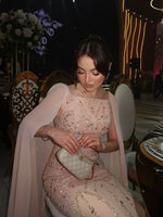 Beaded Cape Column Gown with Feather Hem