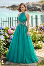 Halter Beaded Bodice Ball Gown with Train