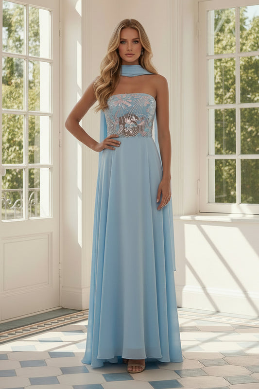 Strapless A-Line Chiffon Gown with Sequin Bodice