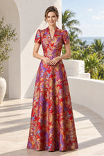 Floral Jacquard A-Line Maxi Dress with Puff Sleeves