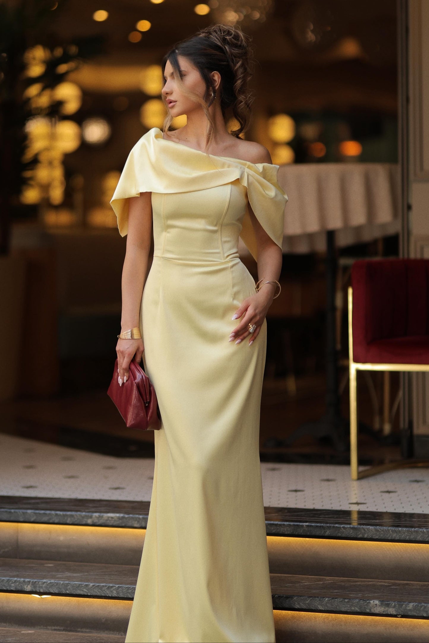 Off-the-Shoulder Satin Column Evening Gown