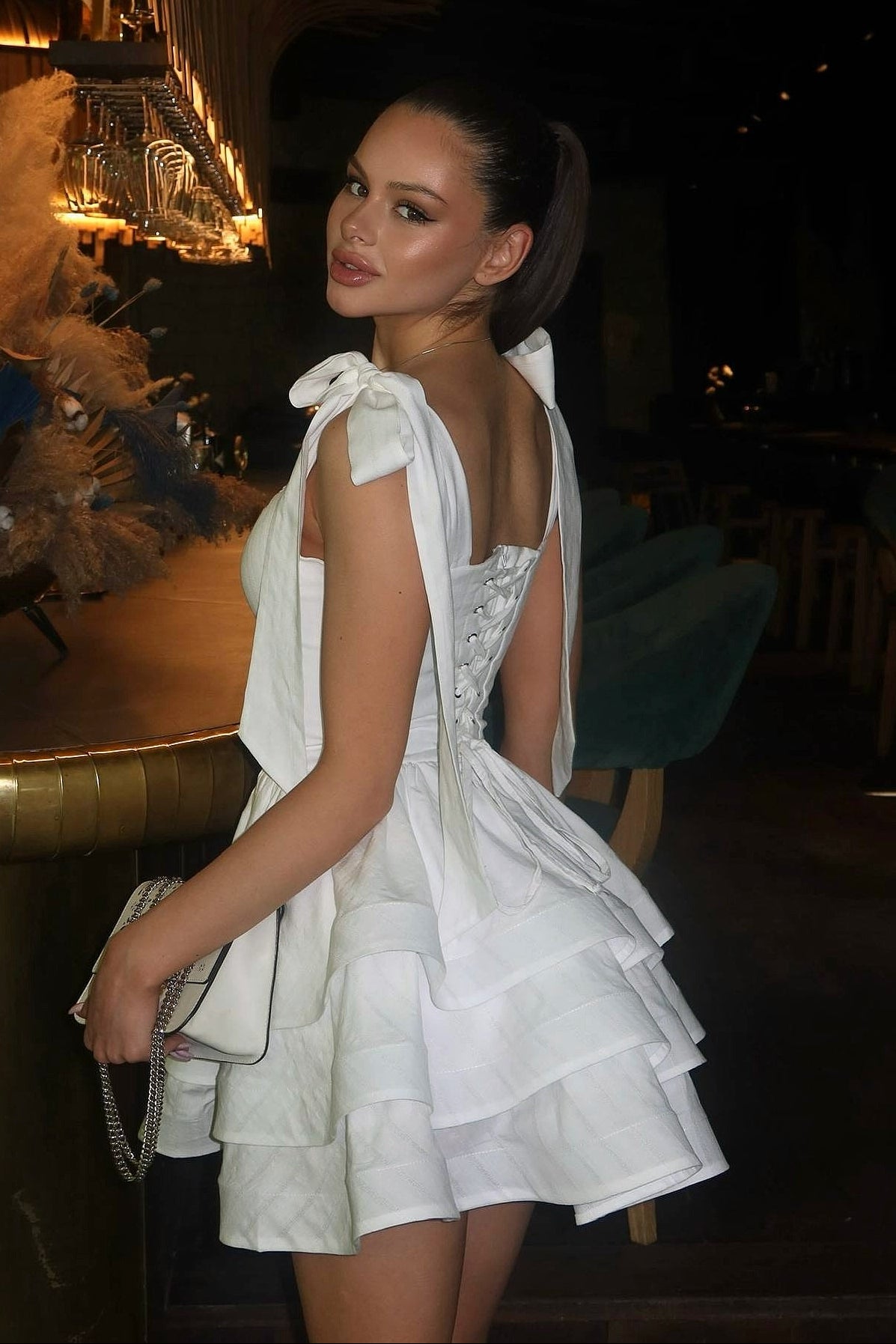 Corset Bodice Bow Strap Tiered Mini Party Dress