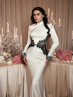 Satin High Neck Evening Gown with Lace Details