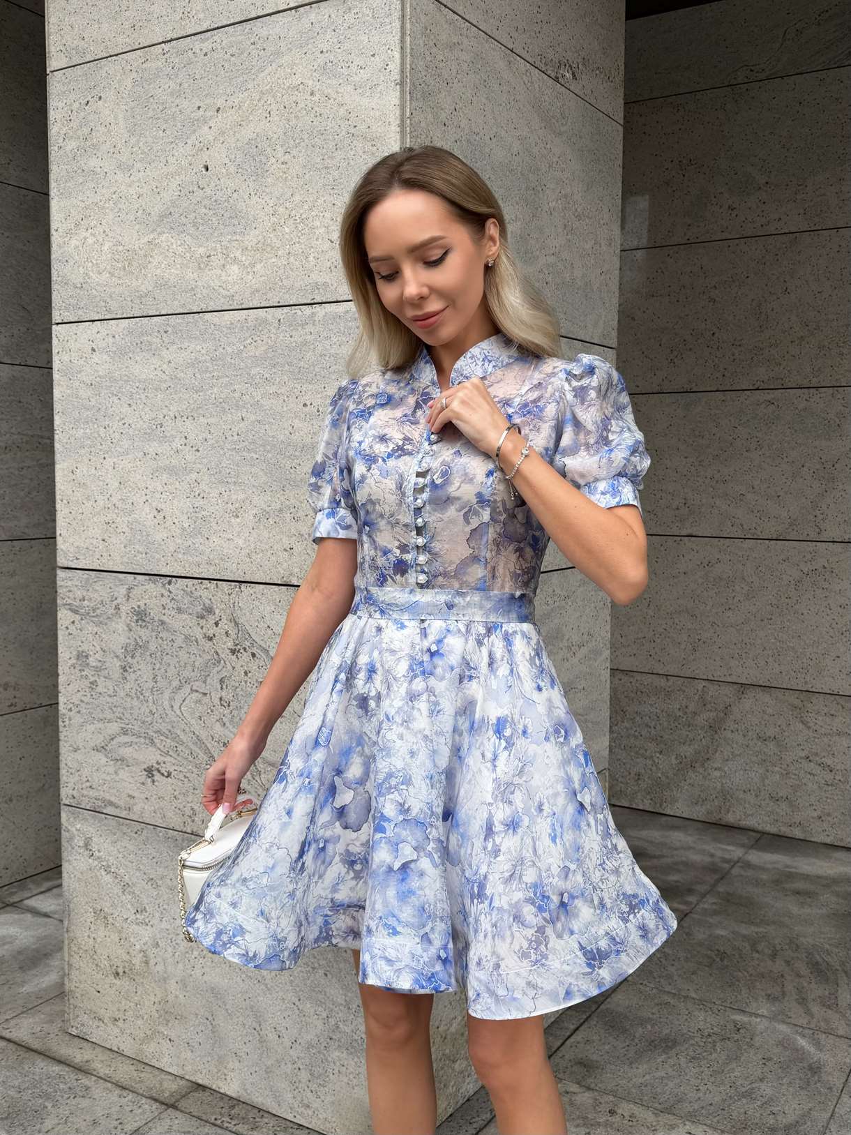 High-Neck Floral Organza A-Line Dress