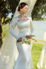 Embroidered Square Neck Long Sleeve Wedding Dress
