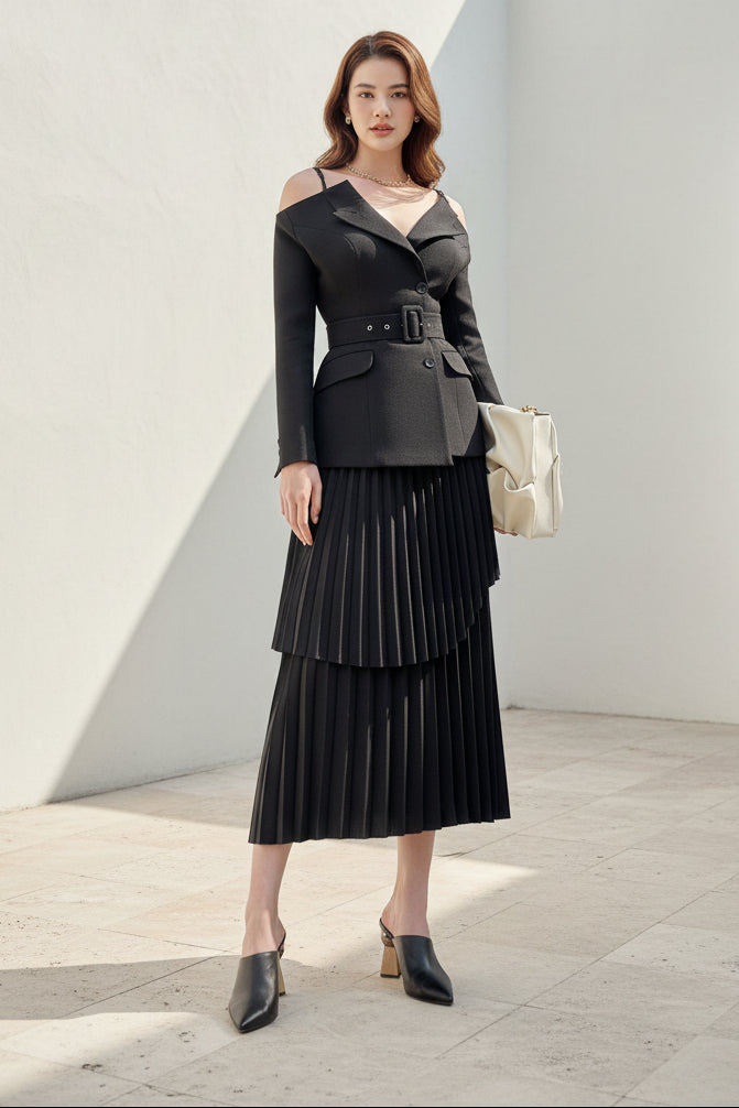 Off-the-Shoulder Blazer and Pleated Midi Skirt Set