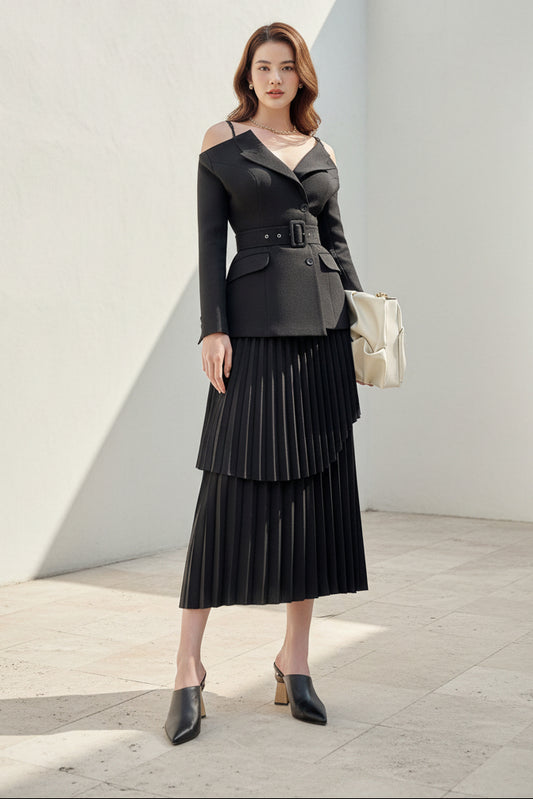Off-the-Shoulder Blazer and Pleated Midi Skirt Set