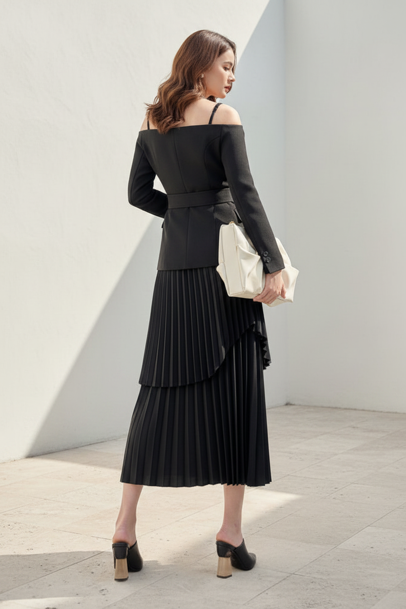 Off-the-Shoulder Blazer and Pleated Midi Skirt Set