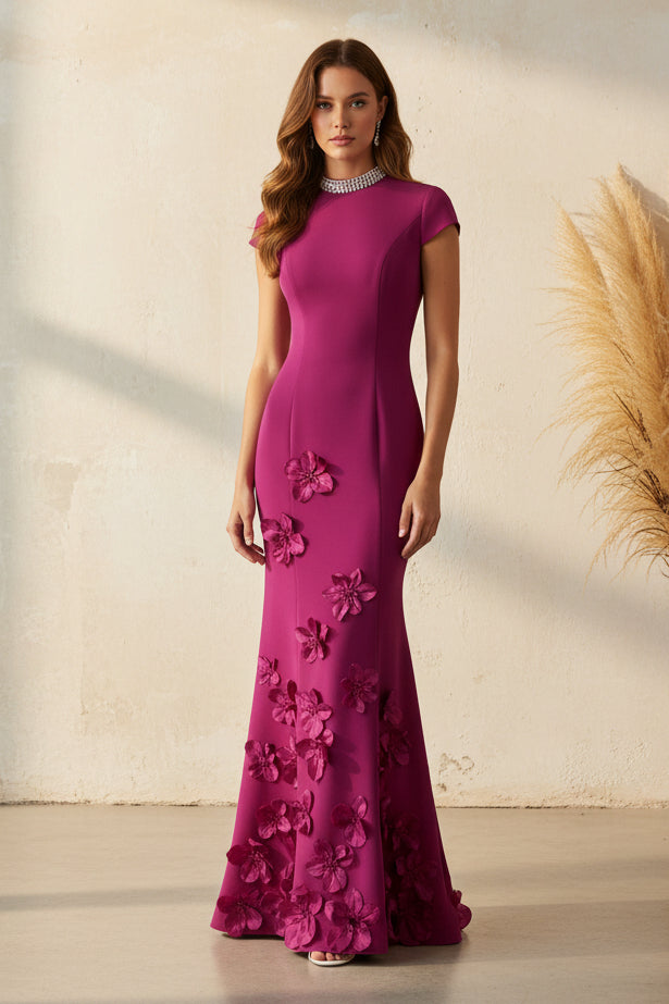 Pearl Collar Satin Mermaid Gown with 3D Flowers