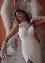High-Neck Illusion Back Crepe Wedding Dress