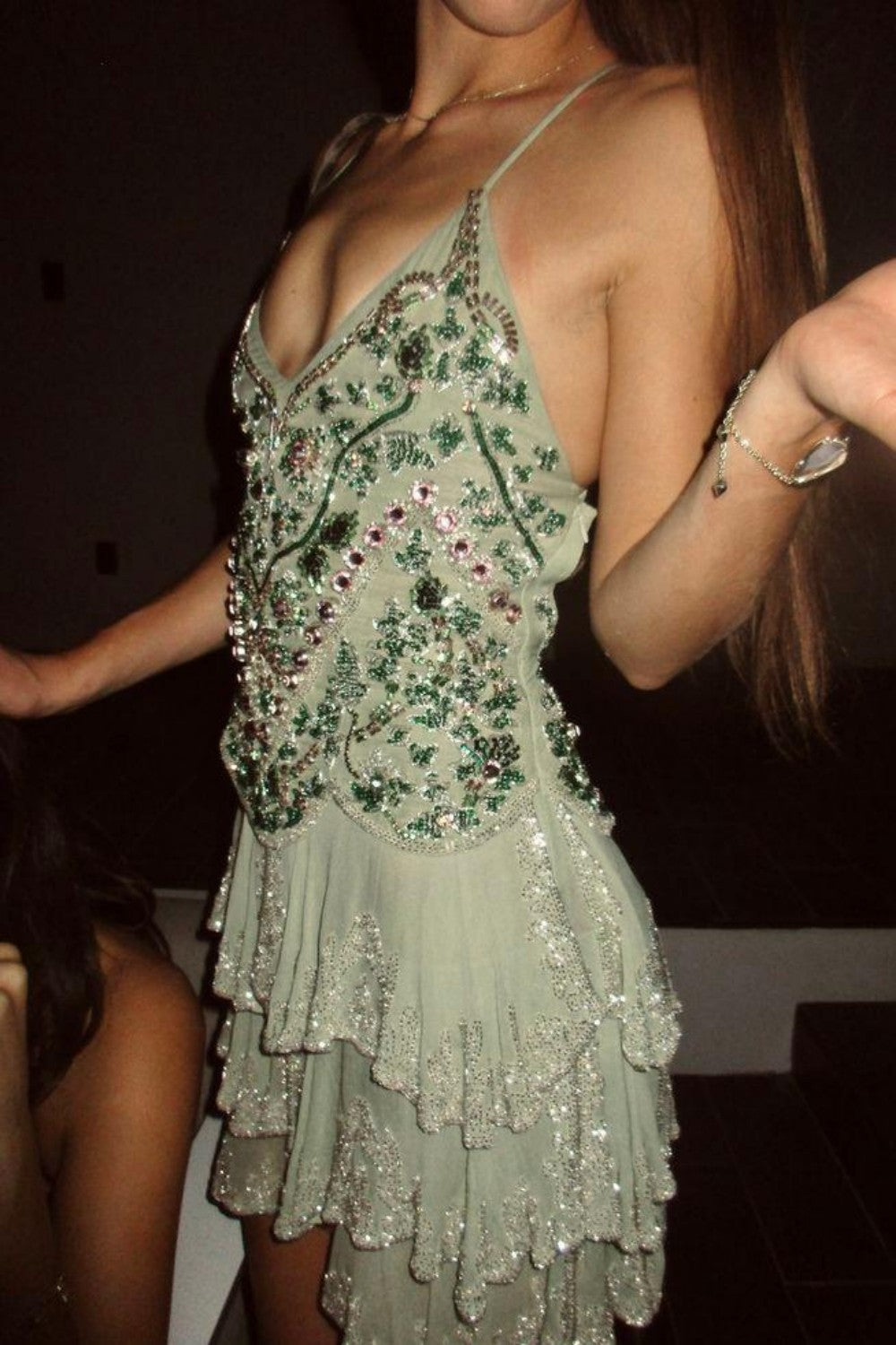 Embellished V-Neck Tiered Ruffle Mini Dress