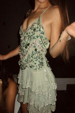 Embellished V-Neck Tiered Ruffle Mini Dress