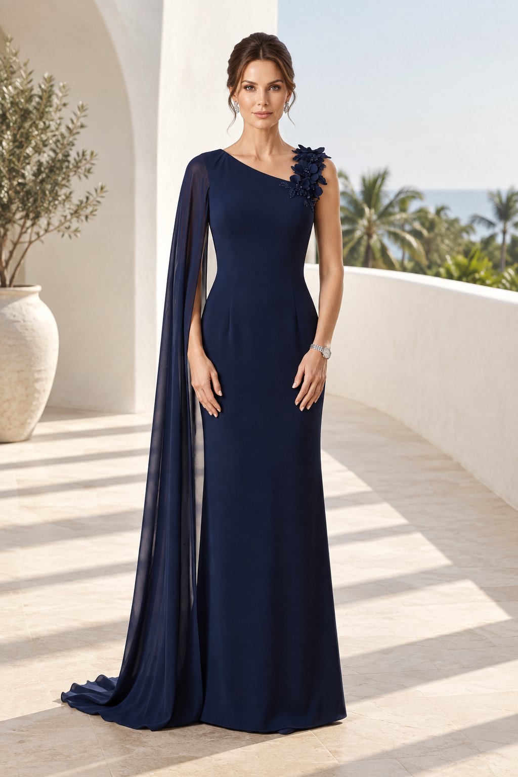 One-Shoulder Cape Gown with Floral Applique
