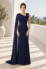One-Shoulder Cape Gown with Floral Applique