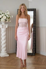 Strapless Lace Bodice Satin Column Midi Dress