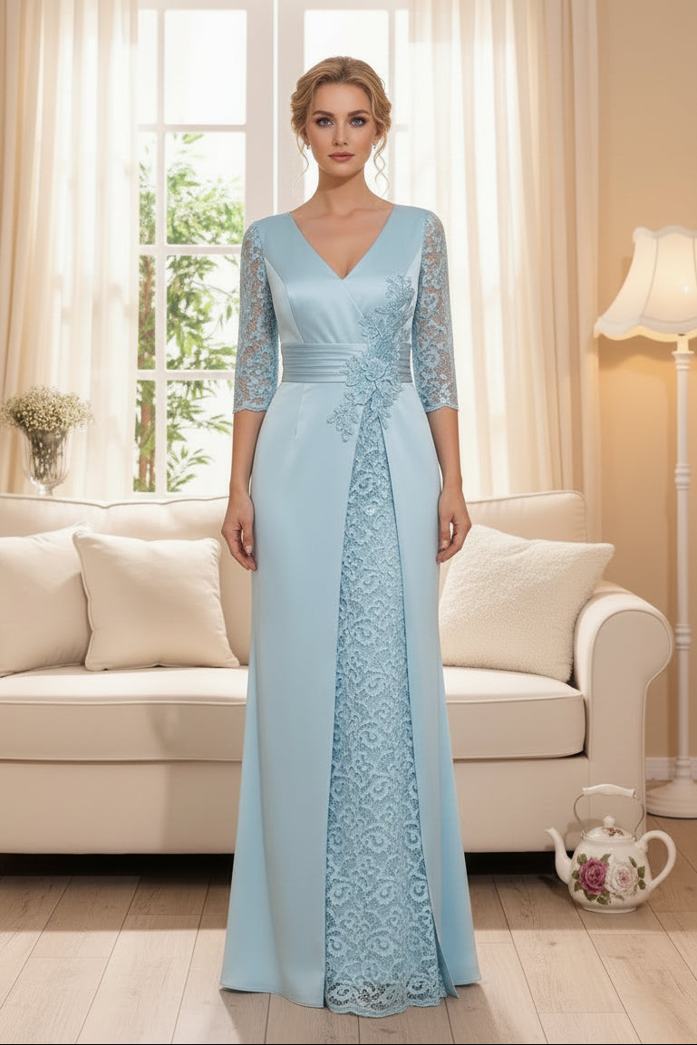 V-Neck Satin Gown with Lace Inset and 3/4 Sleeves
