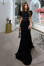 Crystal Embellished Short Sleeve Mermaid Gown