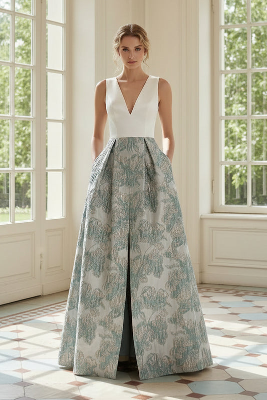 Plunging V-Neck Jacquard A-Line Gown with Pockets