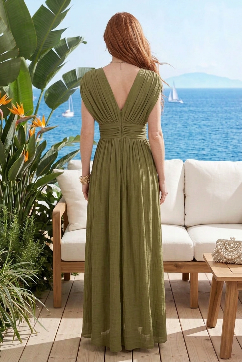 Ruched Deep V-Neck Maxi Dress with Cap Sleeves