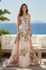 Strapless Floral Print Gown with Back Bow
