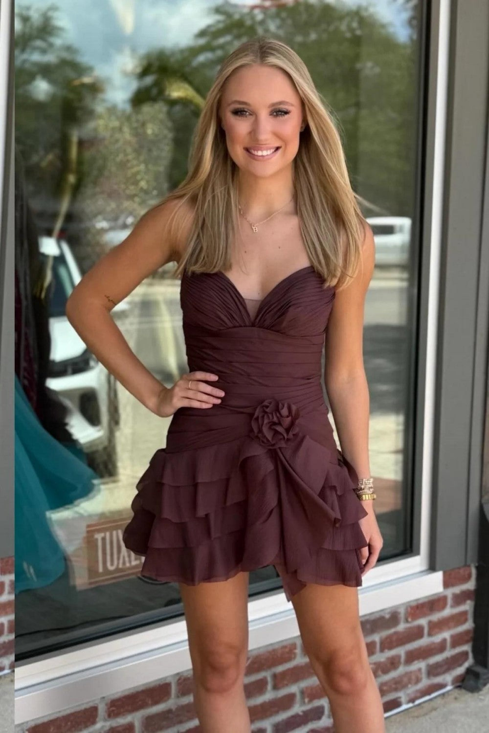Strapless Sweetheart Ruffled Mini Dress with 3D Flower