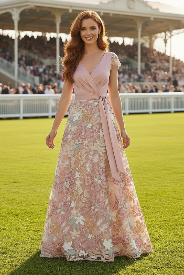 A-Line Floral Embroidered Evening Gown with Sash