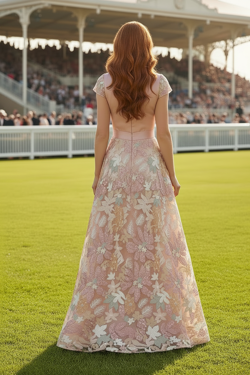 A-Line Floral Embroidered Evening Gown with Sash