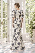 Floral Jacquard Puff Sleeve Trumpet Gown