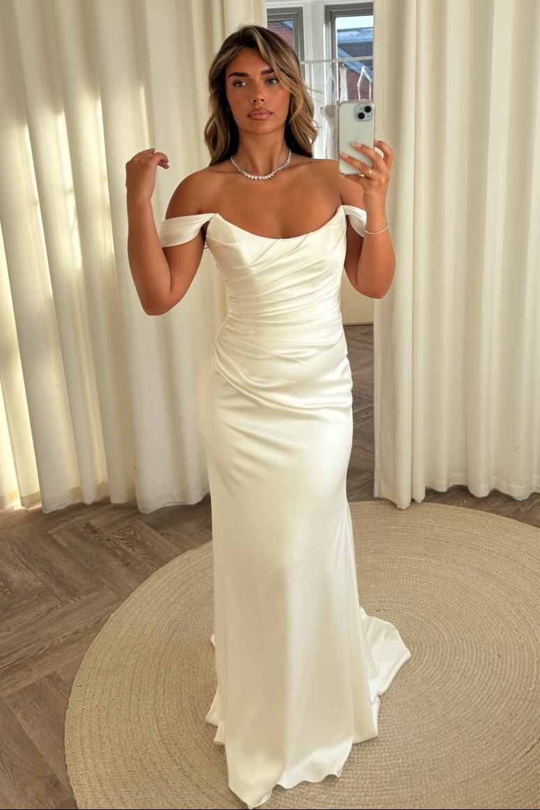 Off-the-Shoulder Ruched Satin Column Wedding Dress