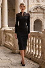 Lace Yoke Long Sleeve Midi Sheath Dress