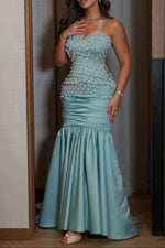 Beaded Pearl Fringe Mermaid Evening Gown
