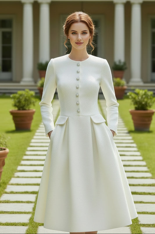 Long Sleeve Button-Front A-Line Midi Dress