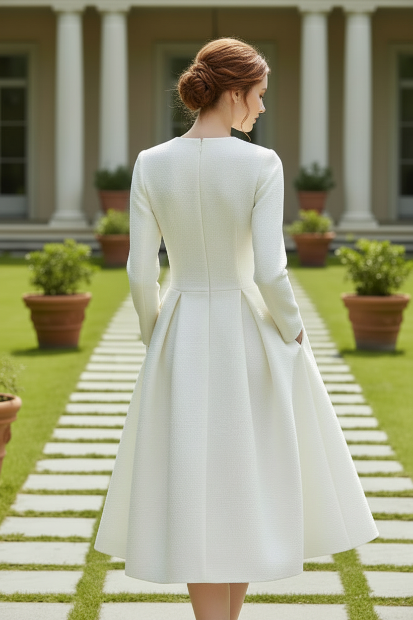 Long Sleeve Button-Front A-Line Midi Dress
