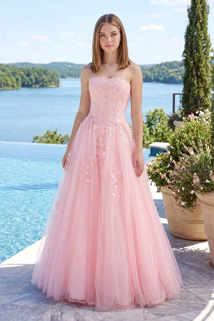 Strapless Lace Bodice Tulle Ball Gown