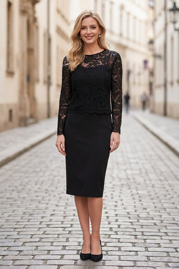Lace Bodice Midi Sheath Dress with Long Sleeves