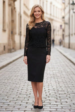 Lace Bodice Midi Sheath Dress with Long Sleeves