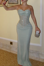 Strapless Beaded Corset Maxi Dress with Back Slit