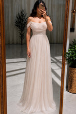 Off the Shoulder Pleated Tulle A-Line Evening Gown