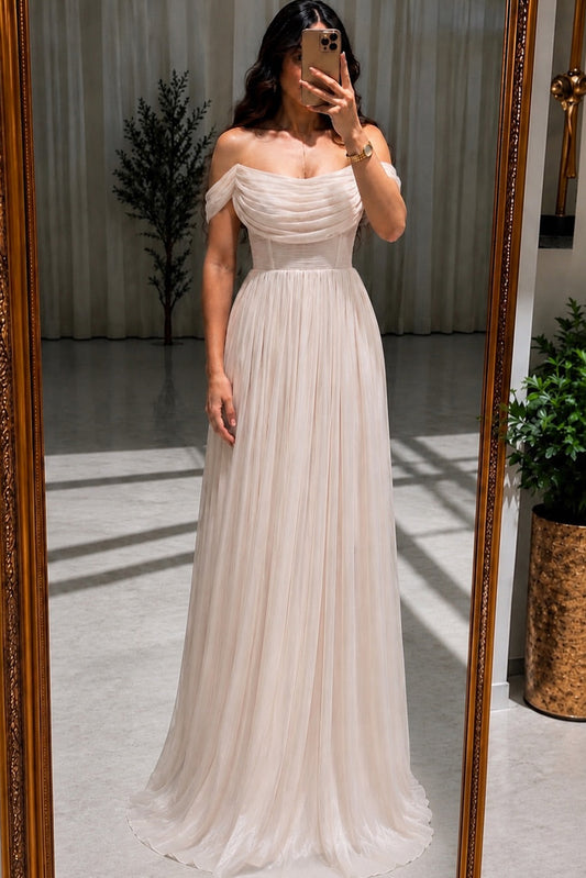 Off the Shoulder Pleated Tulle A-Line Evening Gown