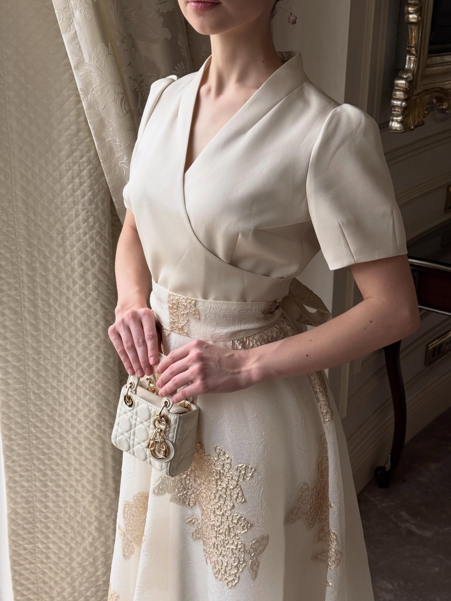 A-Line Wrap Bodice Midi Dress with Floral Appliques