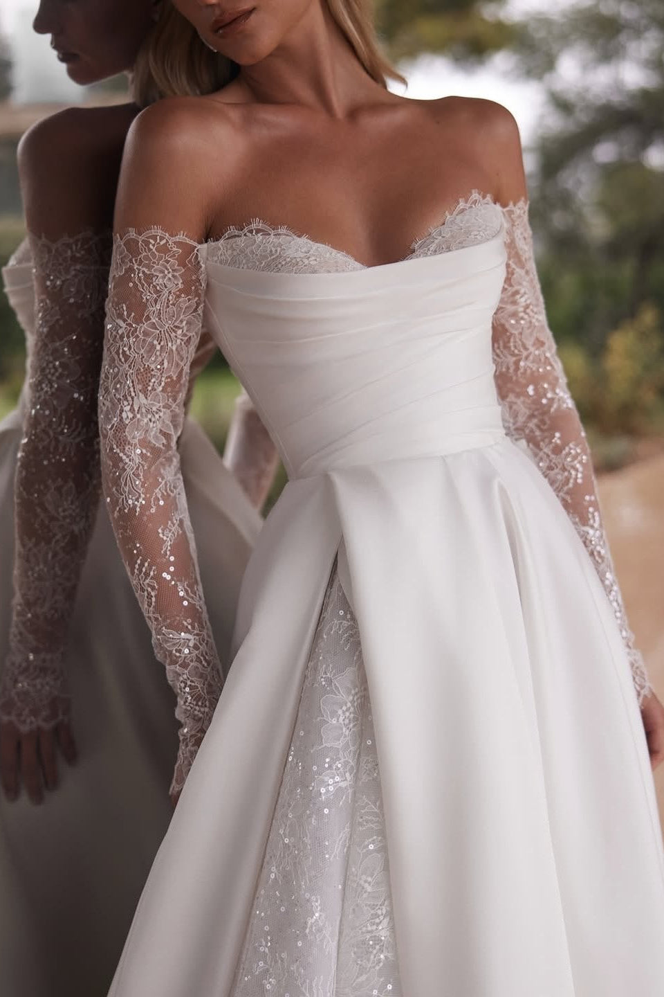 Lace-Sleeve Ball Gown with Overskirt & Slit